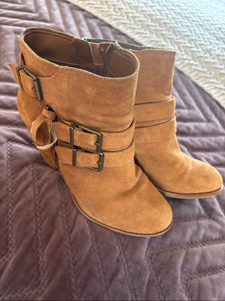 Gianni Bini Tan Suede Ankle Booties With Buckle Straps